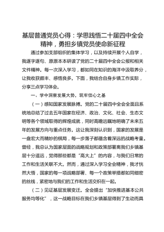 基层普通党员心得：学思践悟二十届四中全会精神，勇担乡镇党员使命新征程