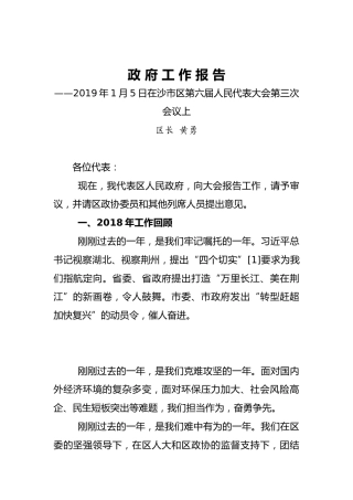 2019年沙市区政府工作报告（全文）