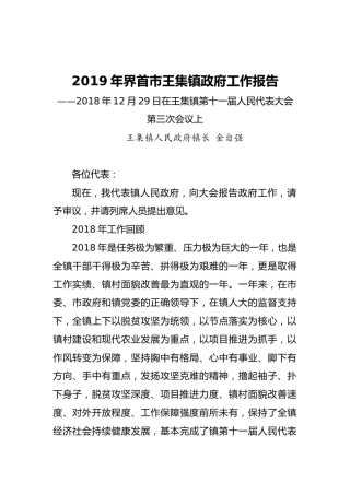 2019年界首市王集镇政府工作报告（全文）