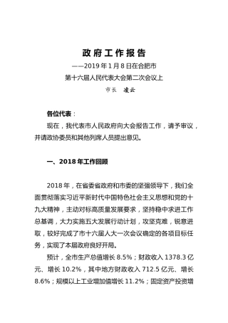 2019年合肥市政府工作报告(全文）