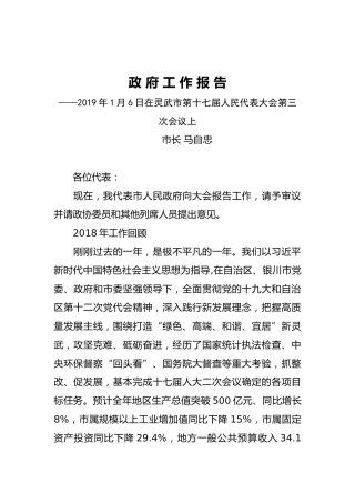 2019年灵武市人民政府工作报告（全文）