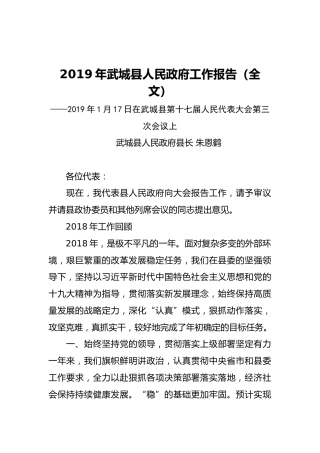 2019年武城县人民政府工作报告（全文）