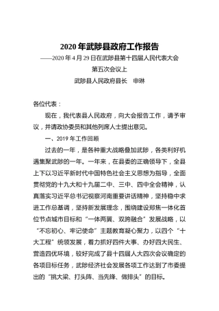2020年武陟县政府工作报告