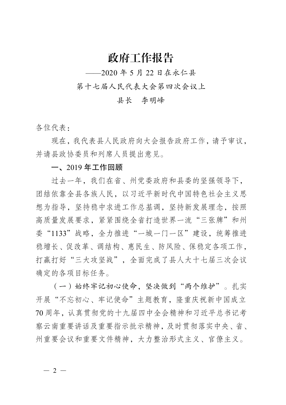（云南省）2020年永仁县人民政府工作报告_第2页