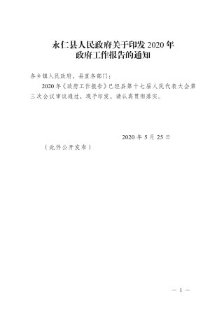 （云南省）2020年永仁县人民政府工作报告
