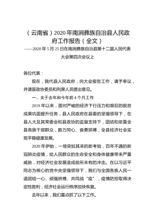 （云南省）2020年南涧彝族自治县人民政府工作报告（全文）