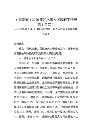 （云南省）2020年泸水市人民政府工作报告（全文）