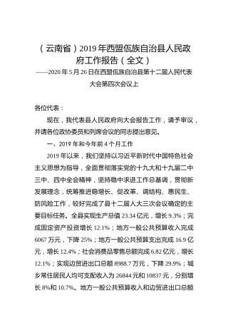 （云南省）2019年西盟佤族自治县人民政府工作报告（全文）