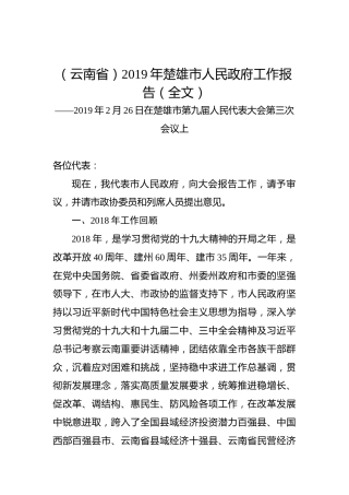 （云南省）2019年楚雄市人民政府工作报告