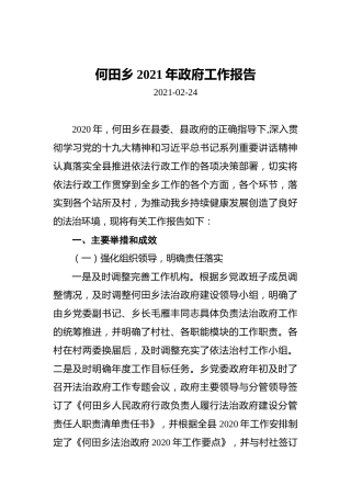 何田乡2021年政府工作报告