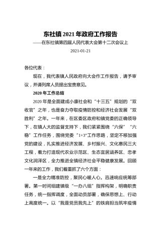 东社镇2021年政府工作报告