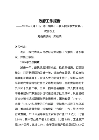 2021年海山镇政府工作报告——在海山镇第十二届人民代表大会第八次会议上