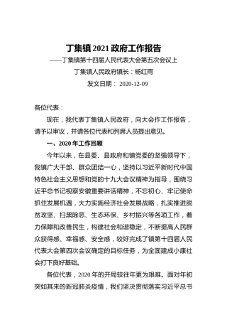 2021丁集镇政府工作报告——丁集镇第十四届人民代表大会第五次会议上