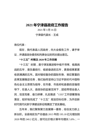2021年宁津县政府工作报告