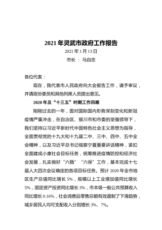 2021年灵武市政府工作报告
