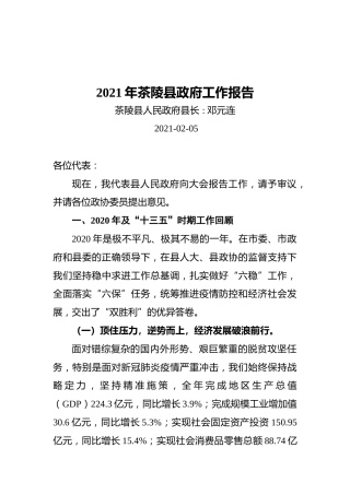 2021年茶陵县政府工作报告