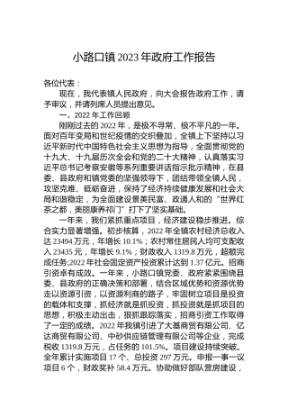 小路口镇2023年政府工作报告（20230309）