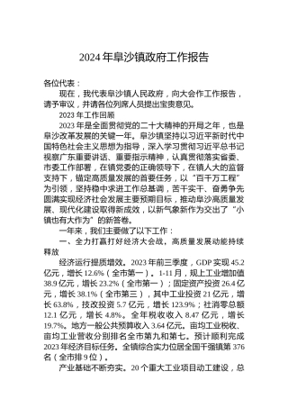 2024年阜沙镇政府工作报告