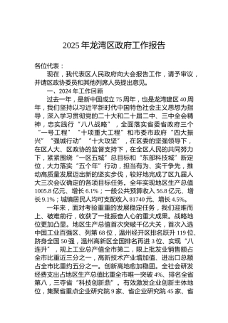 2025年龙湾区政府工作报告