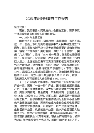 2025年岳阳县政府工作报告