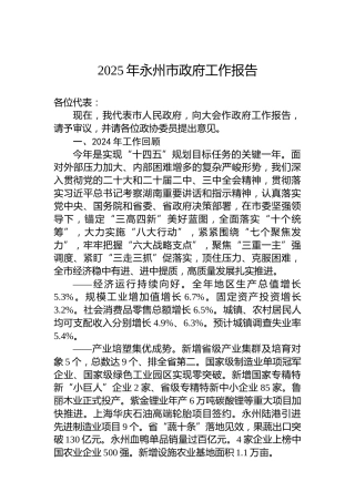 2025年永州市政府工作报告