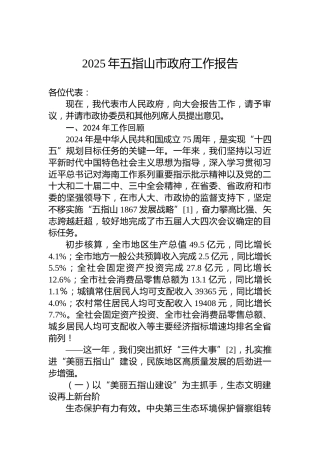 2025年五指山市政府工作报告