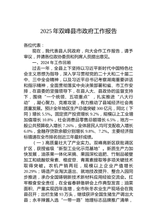 2025年双峰县市政府工作报告