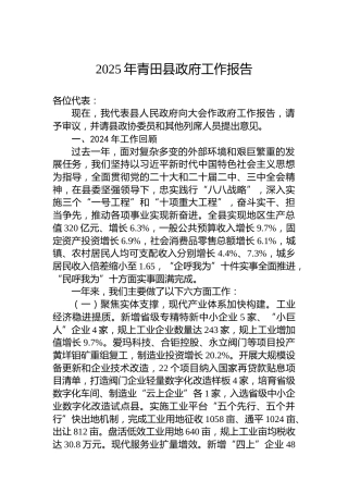 2025年青田县政府工作报告