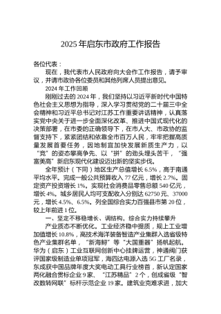 2025年启东市政府工作报告