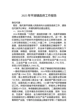 2025年平湖镇政府工作报告