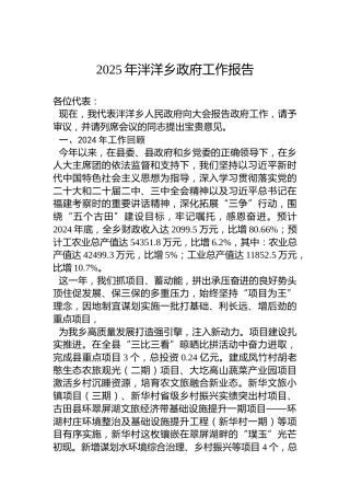 2025年泮洋乡政府工作报告