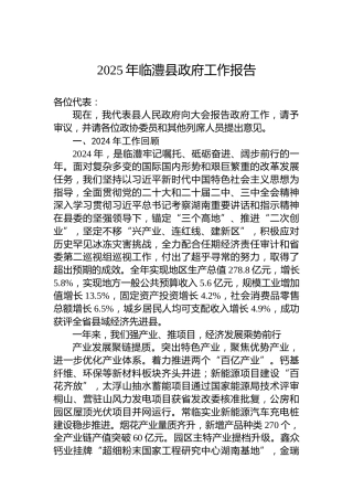 2025年临澧县政府工作报告