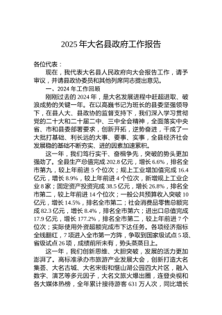 2025年大名县政府工作报告