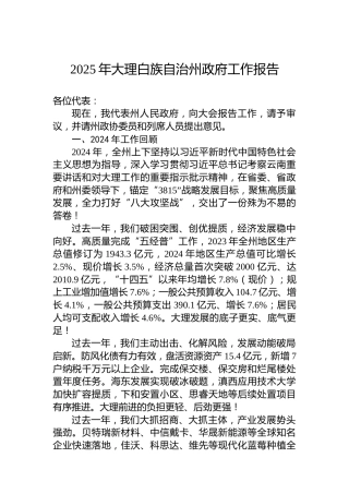 2025年大理白族自治州政府工作报告