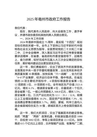 2025年亳州市政府工作报告