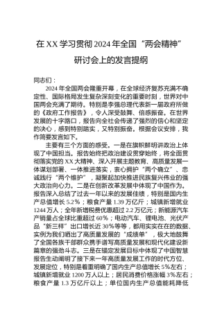 在XX学习贯彻2024年全国“两会精神”研讨会上的发言提纲