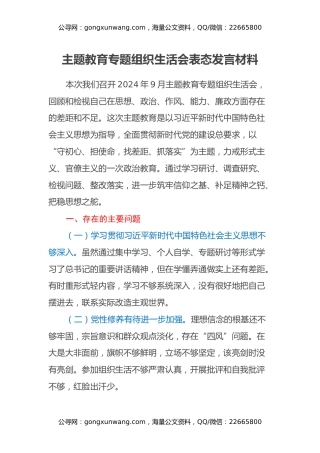 主题教育专题组织生活会表态发言材料