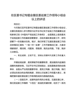 在区委书记专题会暨区委巡察工作领导小组会议上的讲话