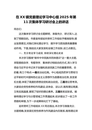 在XX镇党委理论学习中心组2025年第11次集体学习研讨会上的讲话