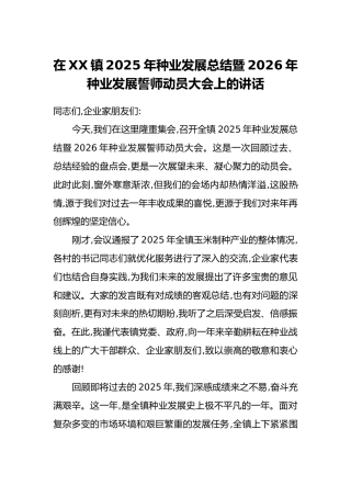 在XX镇2025年种业发展总结暨2026年种业发展誓师动员大会上的讲话