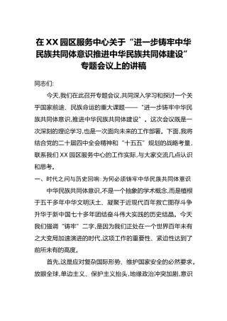 在XX园区服务中心关于“进一步铸牢中华民族共同体意识推进中华民族共同体建设”专题会议上的讲稿