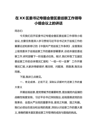 在XX区委书记专题会暨区委巡察工作领导小组会议上的讲话