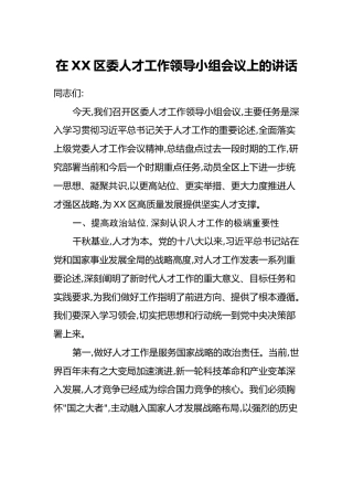 在XX区委人才工作领导小组会议上的讲话（2）
