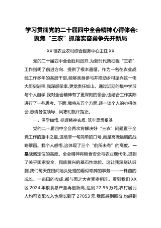 学习贯彻党的二十届四中全会精神心得体会：聚焦“三农”抓落实奋勇争先开新局