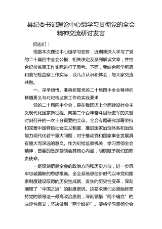 县纪委书记学习贯彻四中全会精神研讨发言