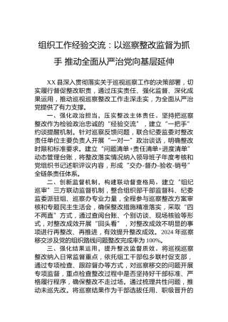 组织工作经验交流：以巡察整改监督为抓手推动全面从严治党向基层延伸
