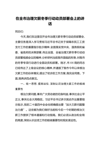 在全市治理欠薪冬季行动动员部署会上的讲话