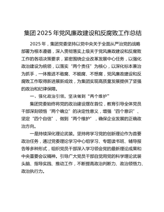 集团2025年党风廉政建设和反腐败工作总结