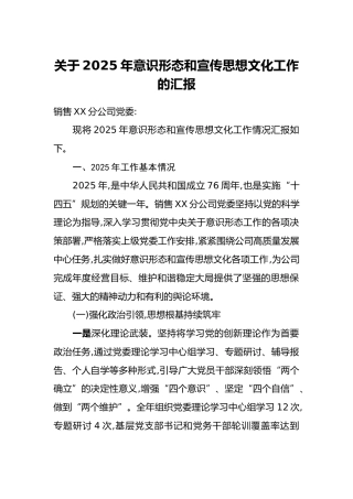 关于2025年意识形态和宣传思想文化工作的汇报