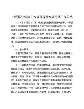公司国企党建工作规范提升专项行动工作总结